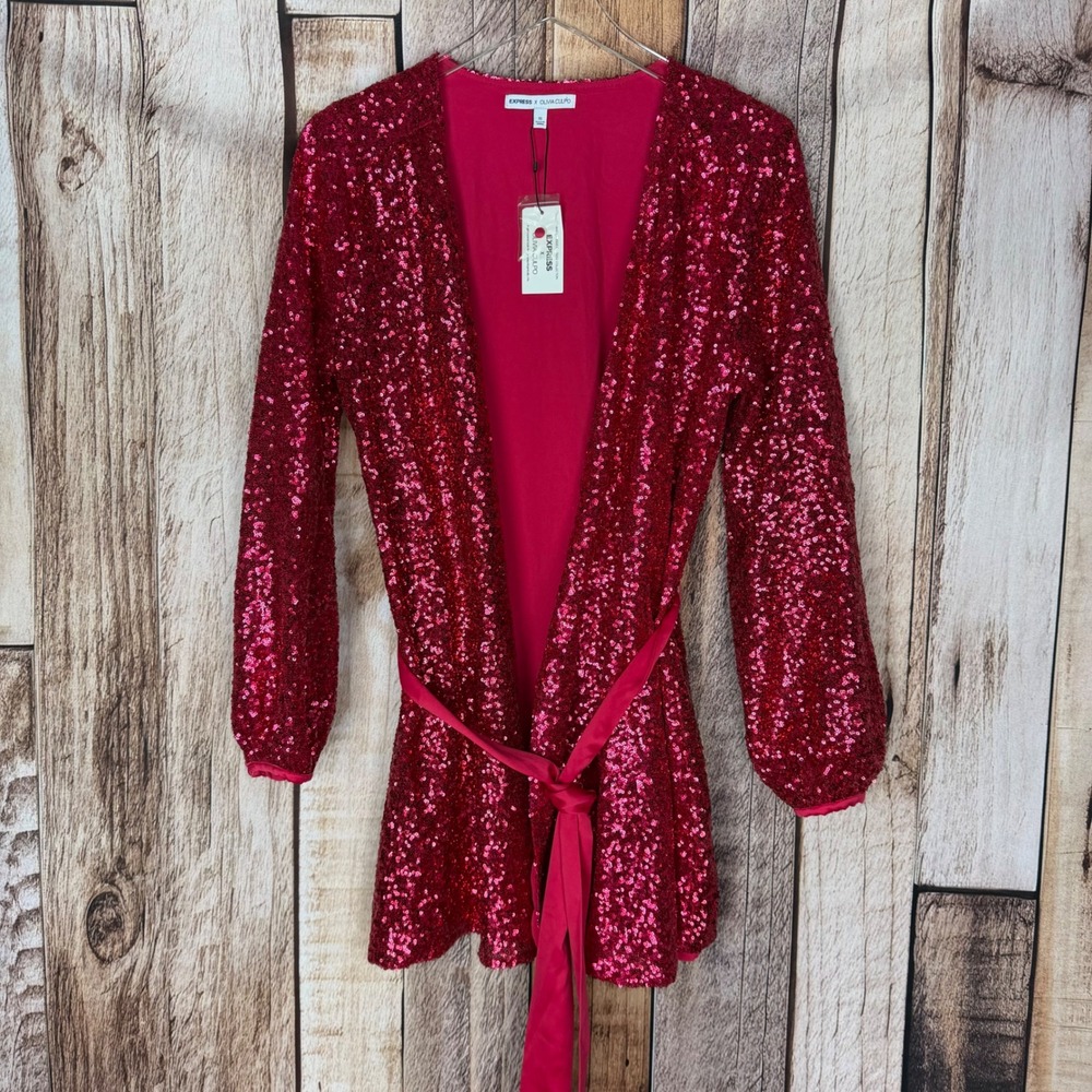 Express X Olivia Culpo Mini Dress Sequin‎ Pink Wrap Party Holiday Glam XS NWT